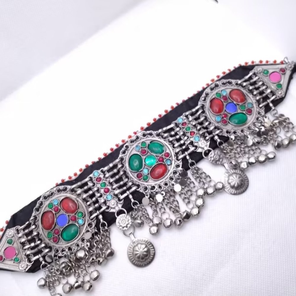 Tribal Necklace, Afghan Necklace, Boho Silver Choker Necklace